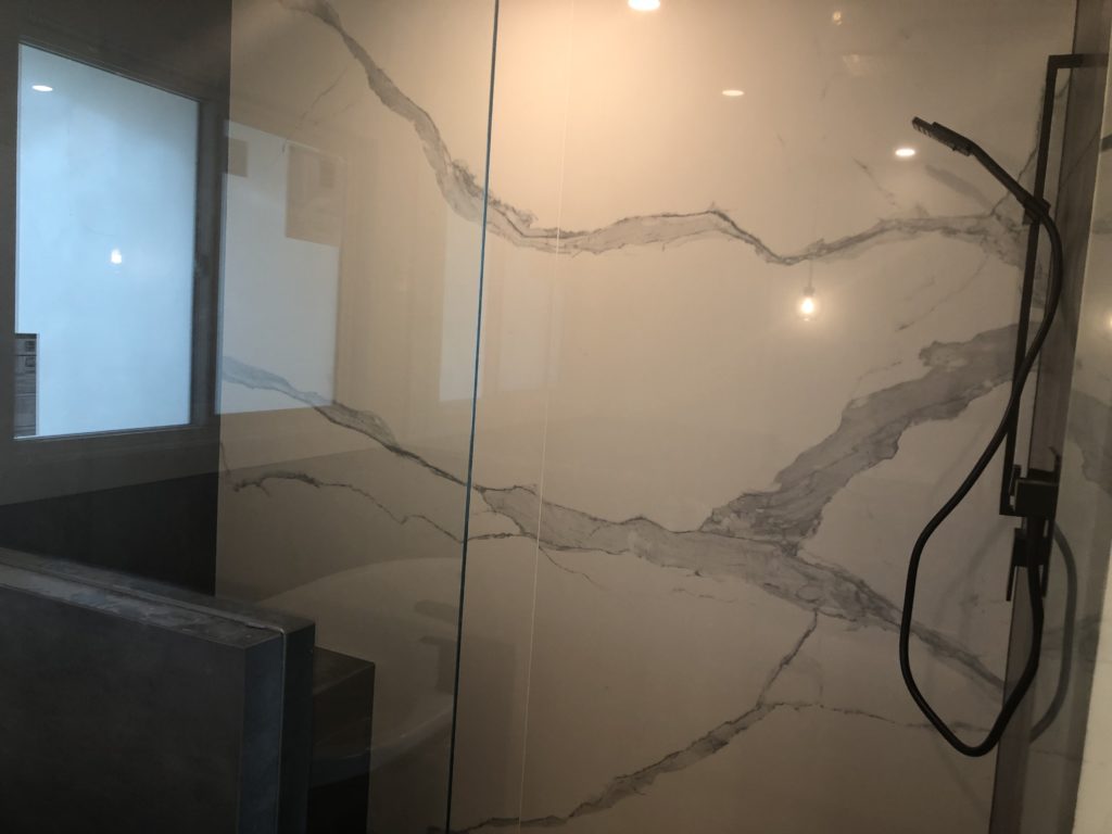 Large format slab tiles in shower