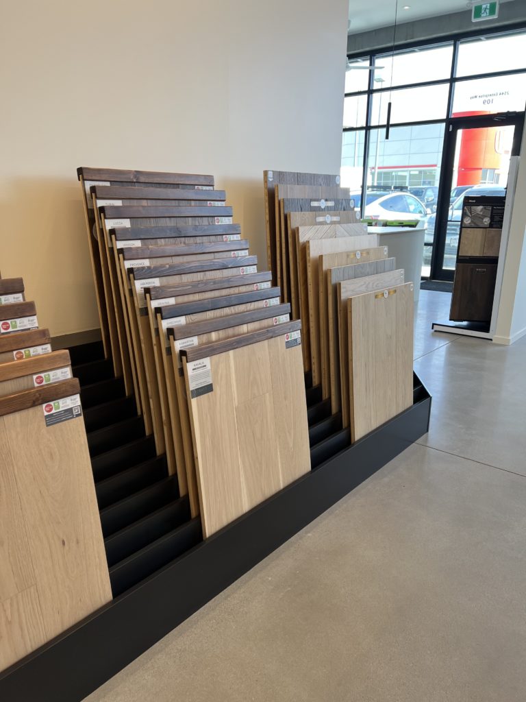 Hardwood flooring in our showroom at 109 2544 Enterprise Way