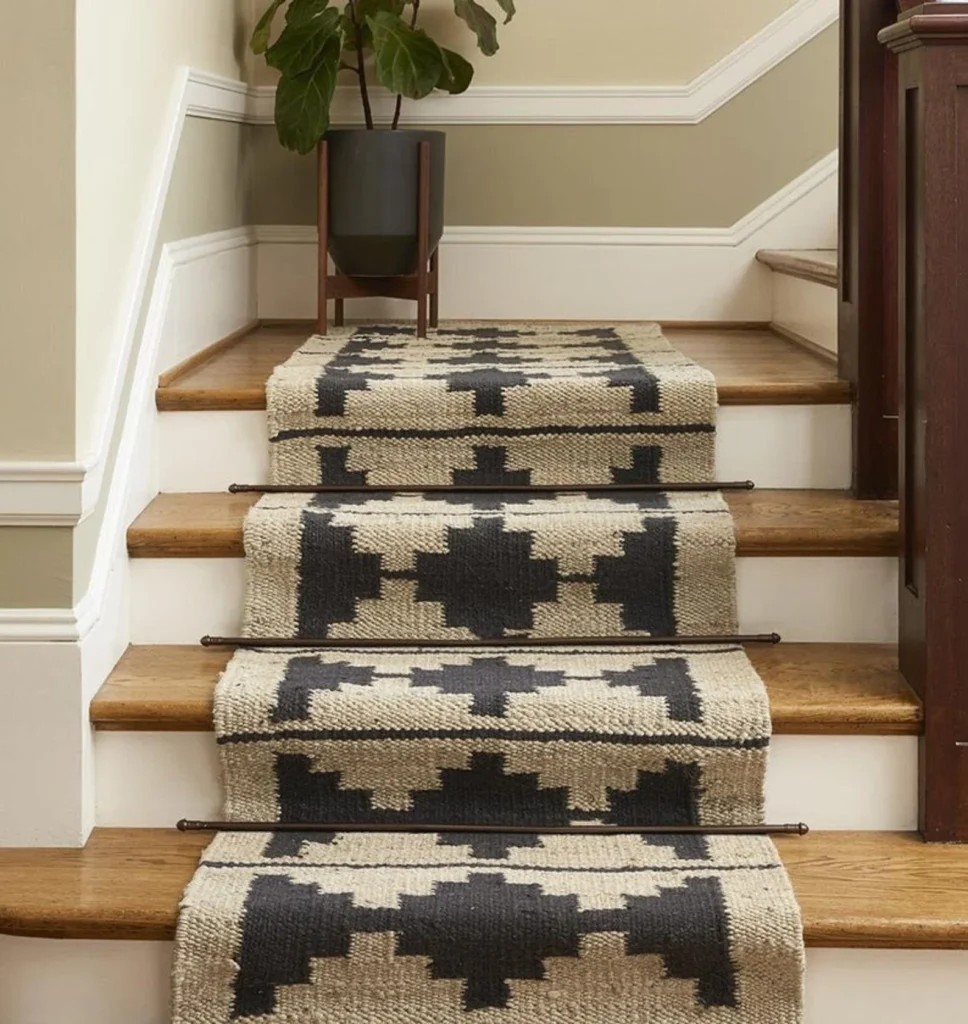 Carpet runner on hardwood stairs with metal rods
